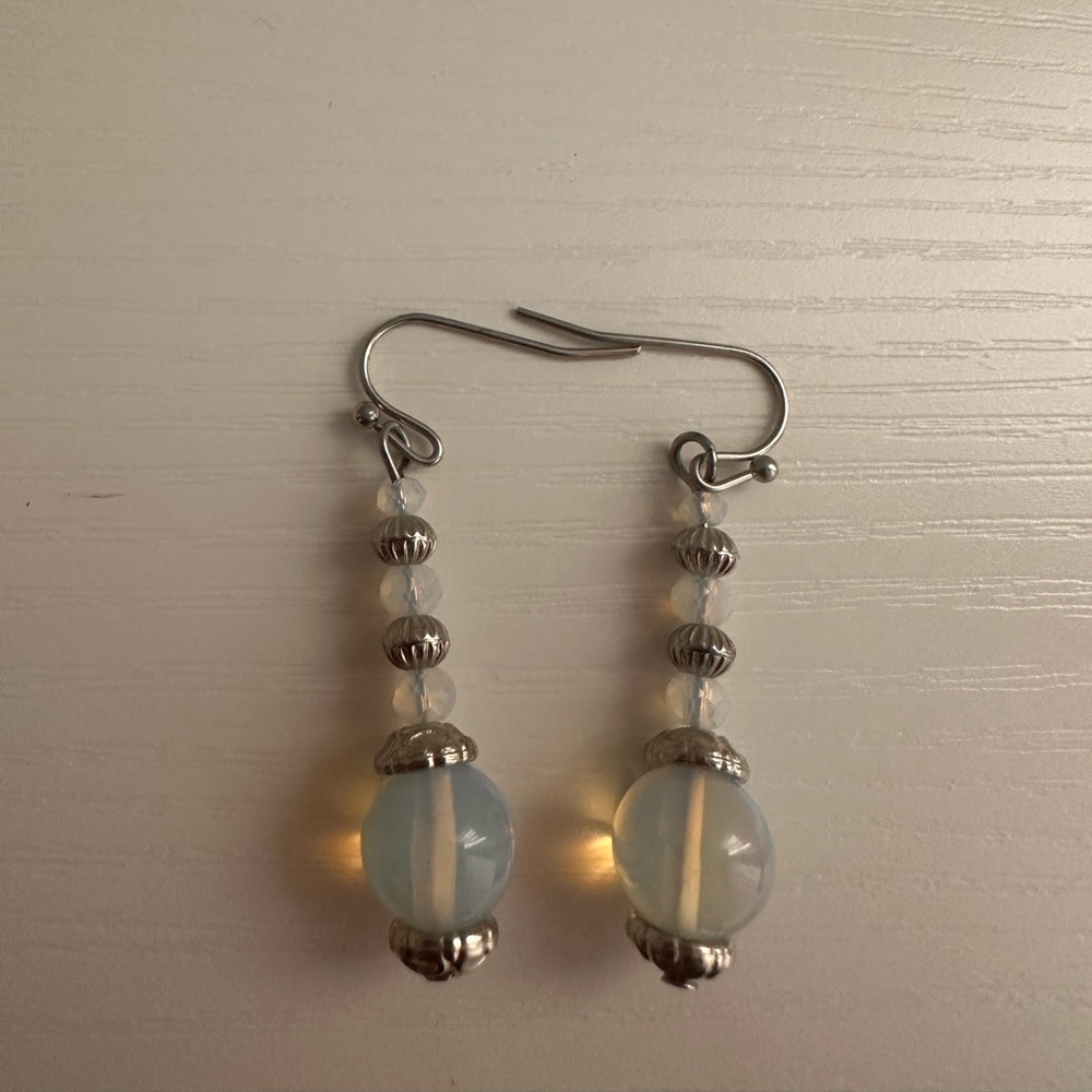 Opalite Bead Drop Earrings - Silver Accent